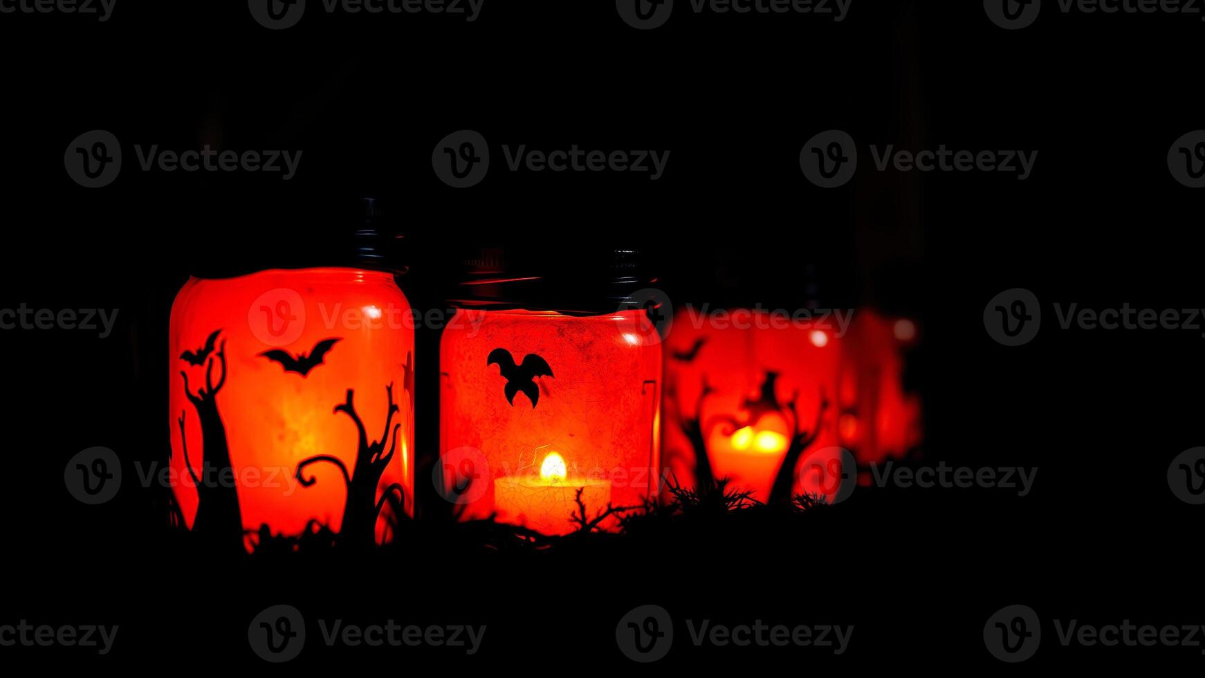 glowing halloween jars with bat tree silhouettes photo