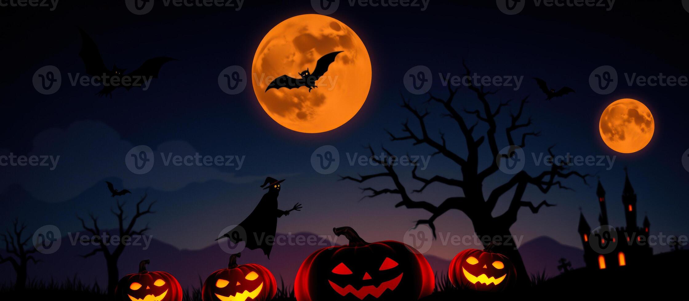 glowing halloween scene with jack-o'-lanterns bats photo