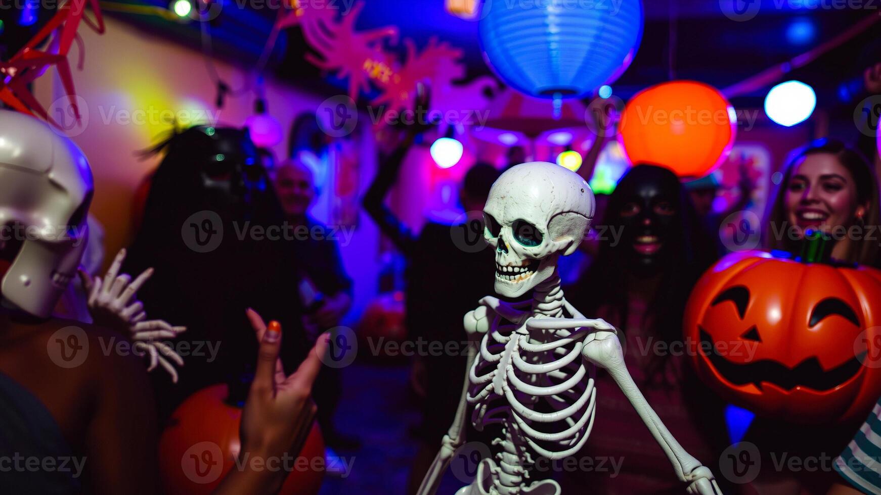 plastic skeleton joins the halloween party festivities photo