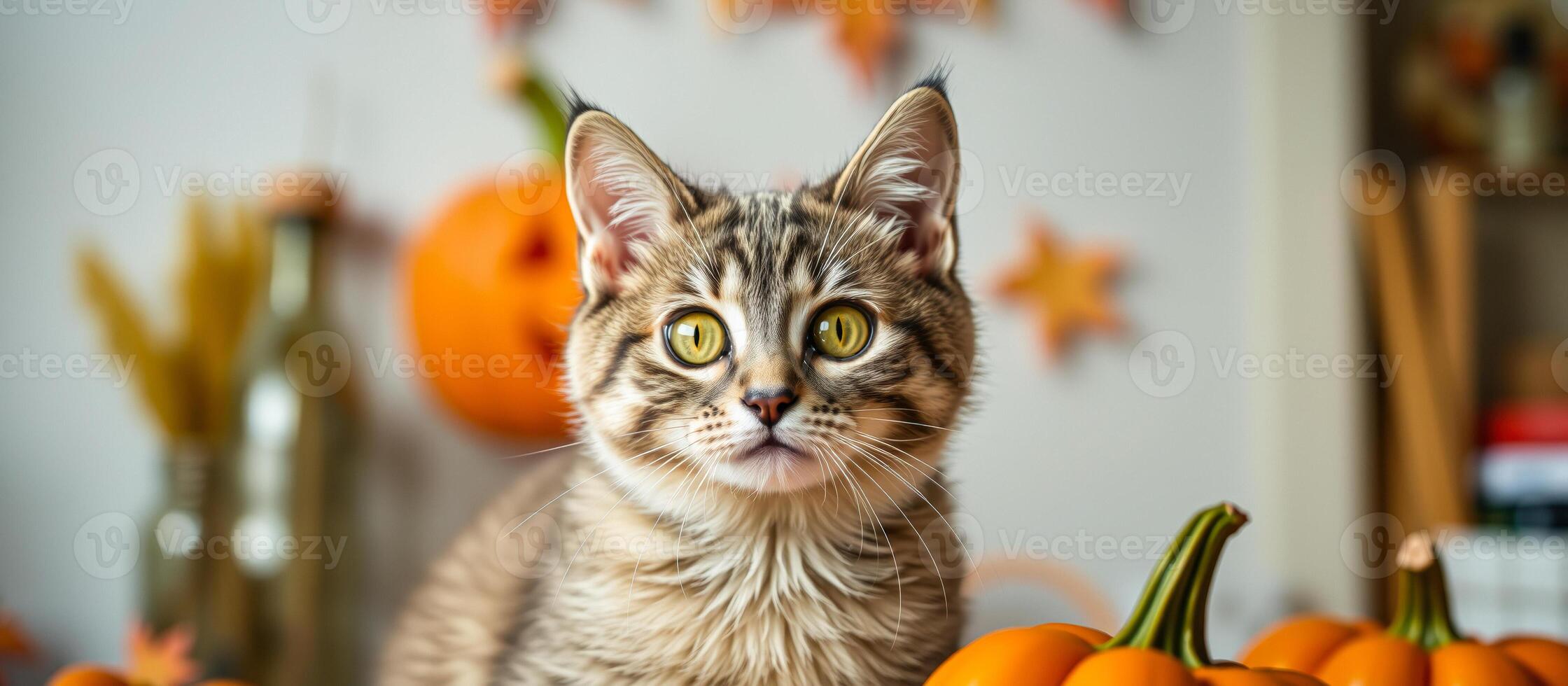 tabby cat posing a fall portrait photo