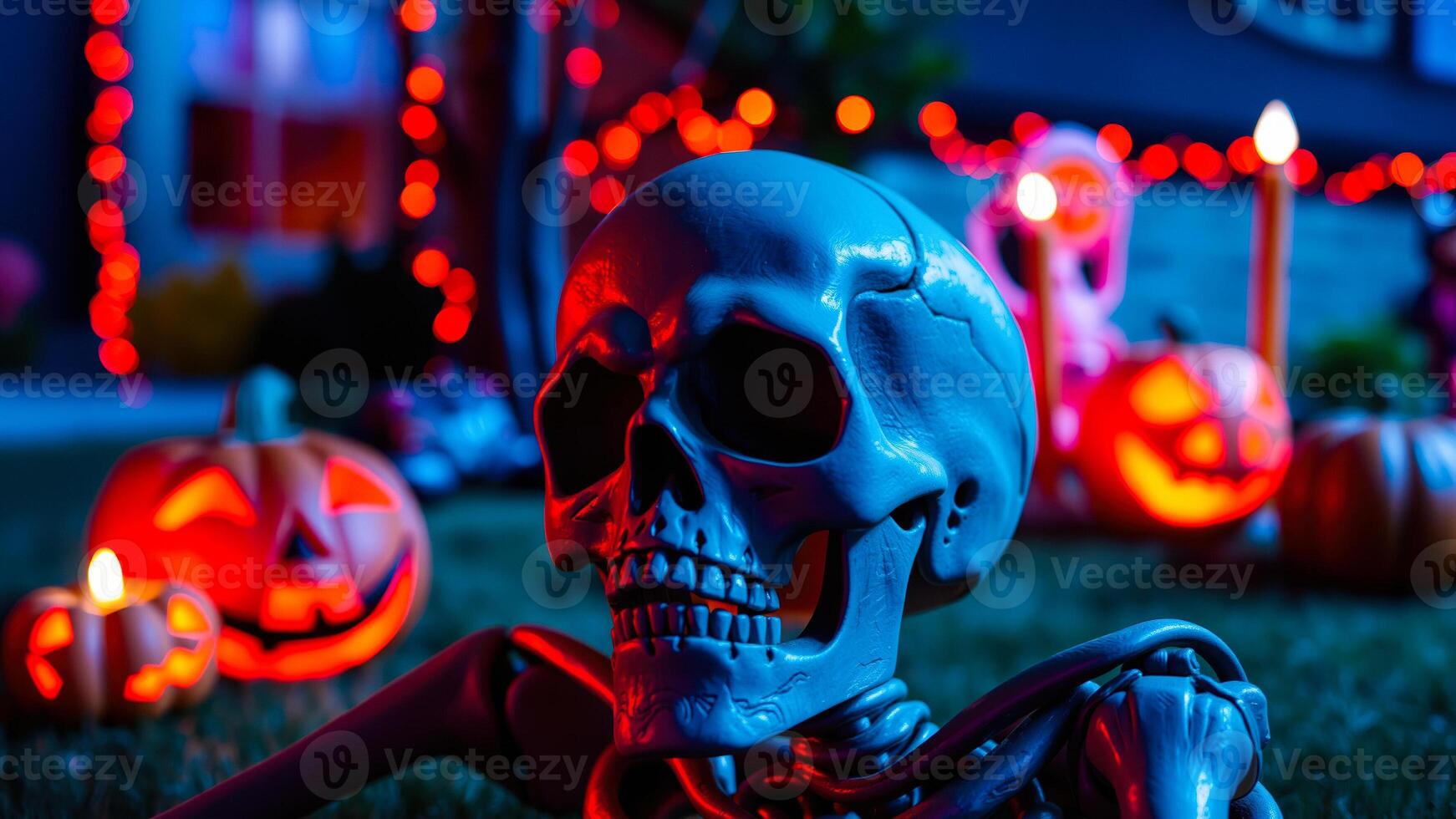 plastic skull skeleton arm on the grass photo