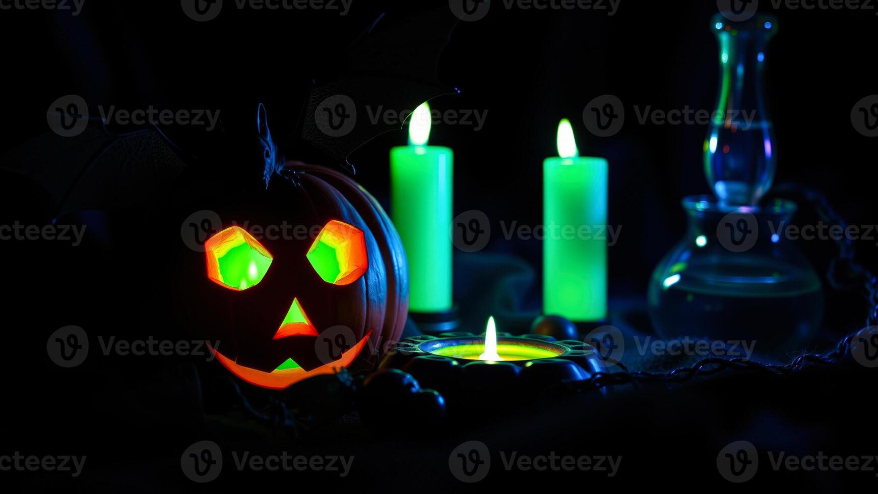 carved pumpkin glows brightly a mysterious halloween setting photo