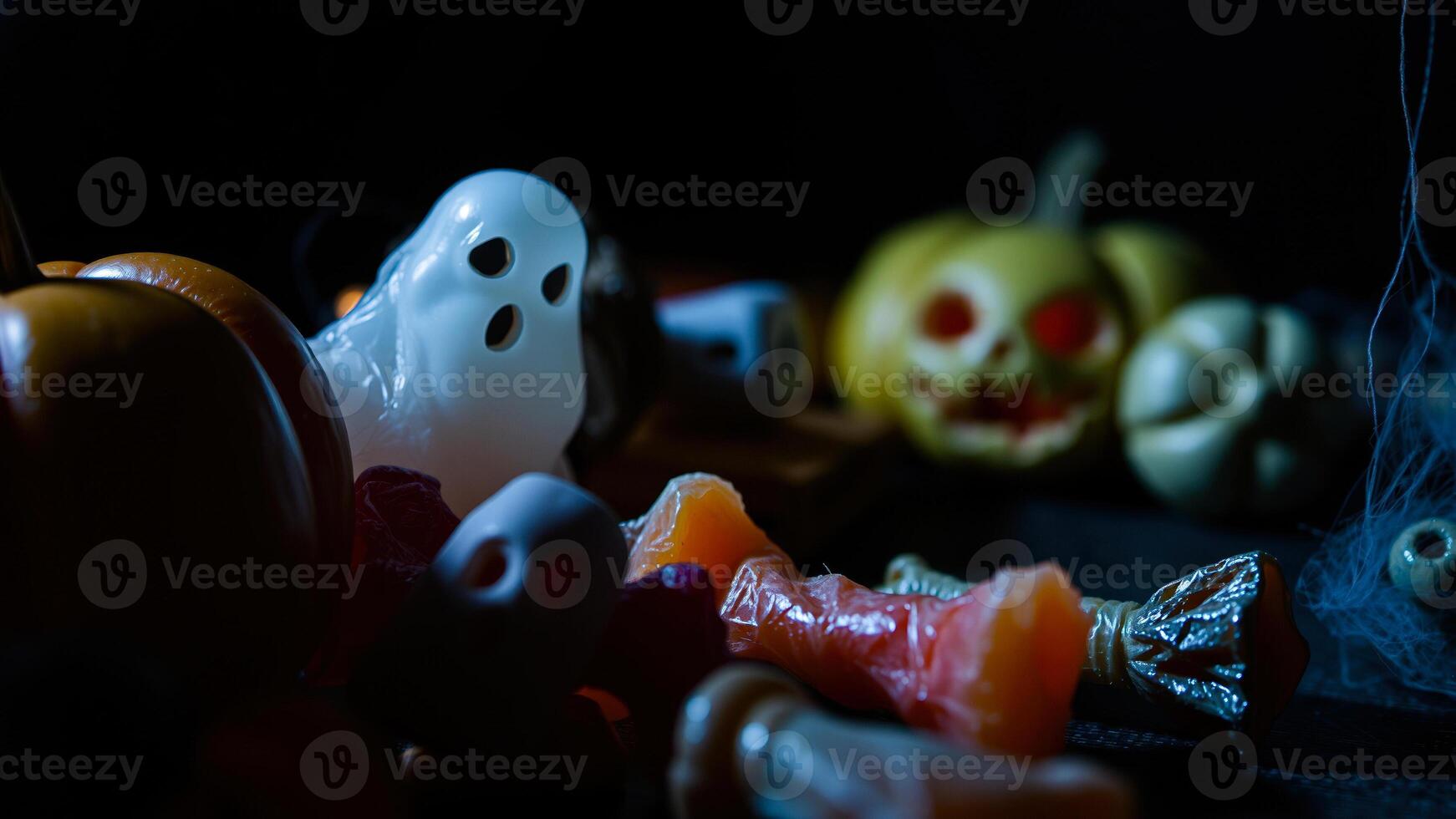 white ghost figurine surrounded by halloween decorations photo