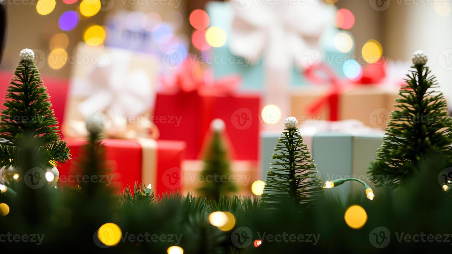 small artificial pine trees with white ornaments photo