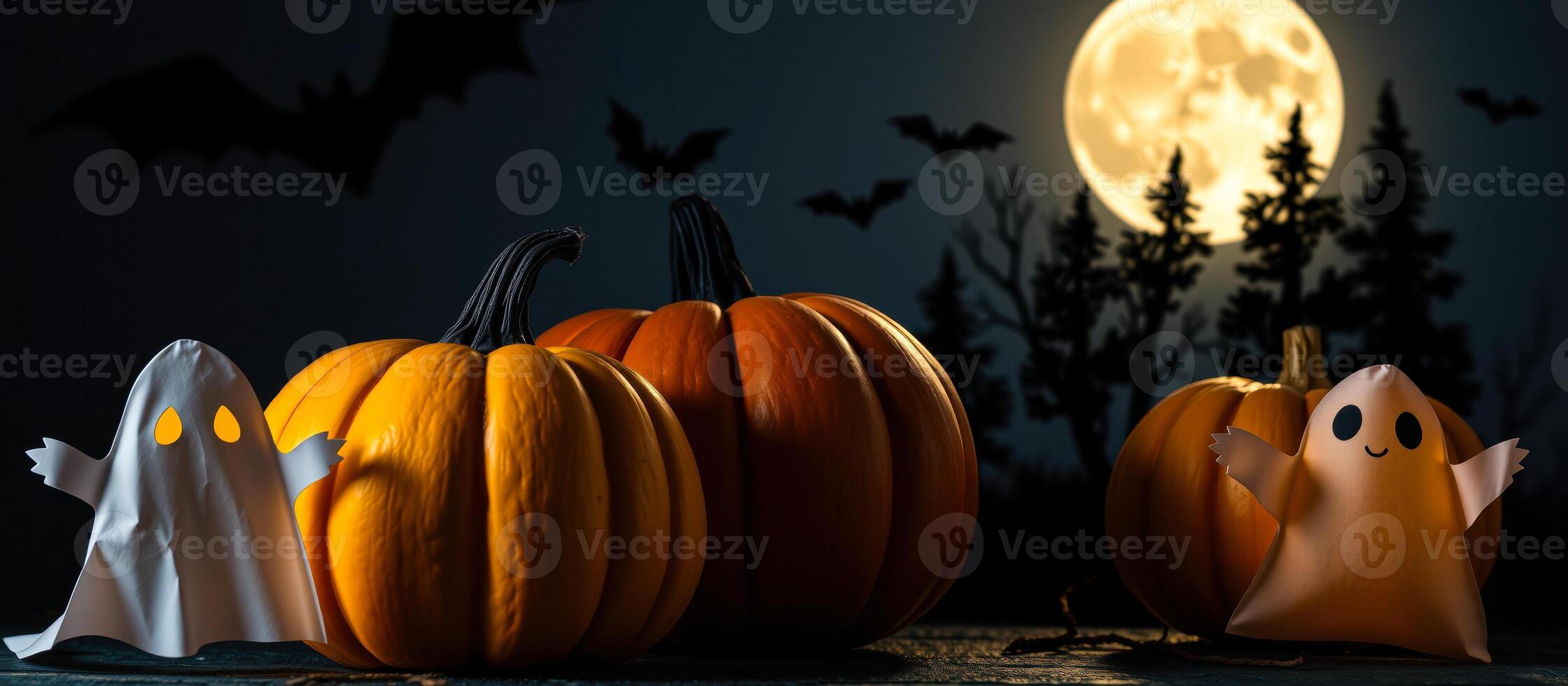 three pumpkins sit underneath a full moon with paper ghosts photo