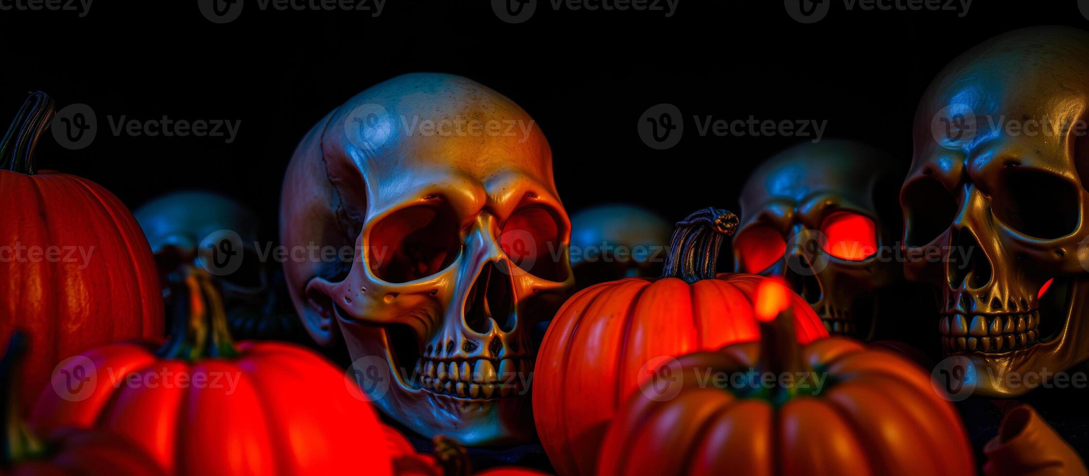 group skulls pumpkins lit red blue light photo