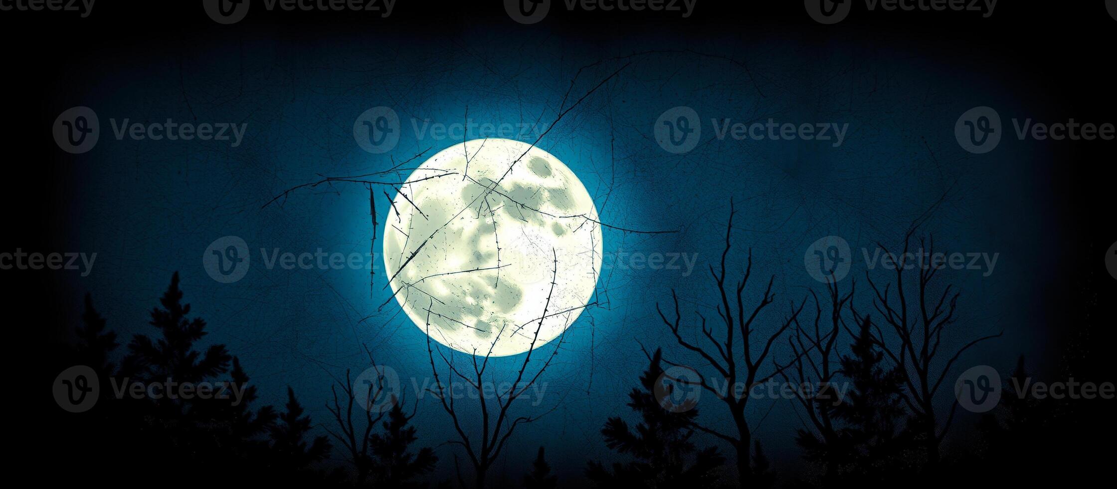 full moon shines through bare branches a dark forest photo
