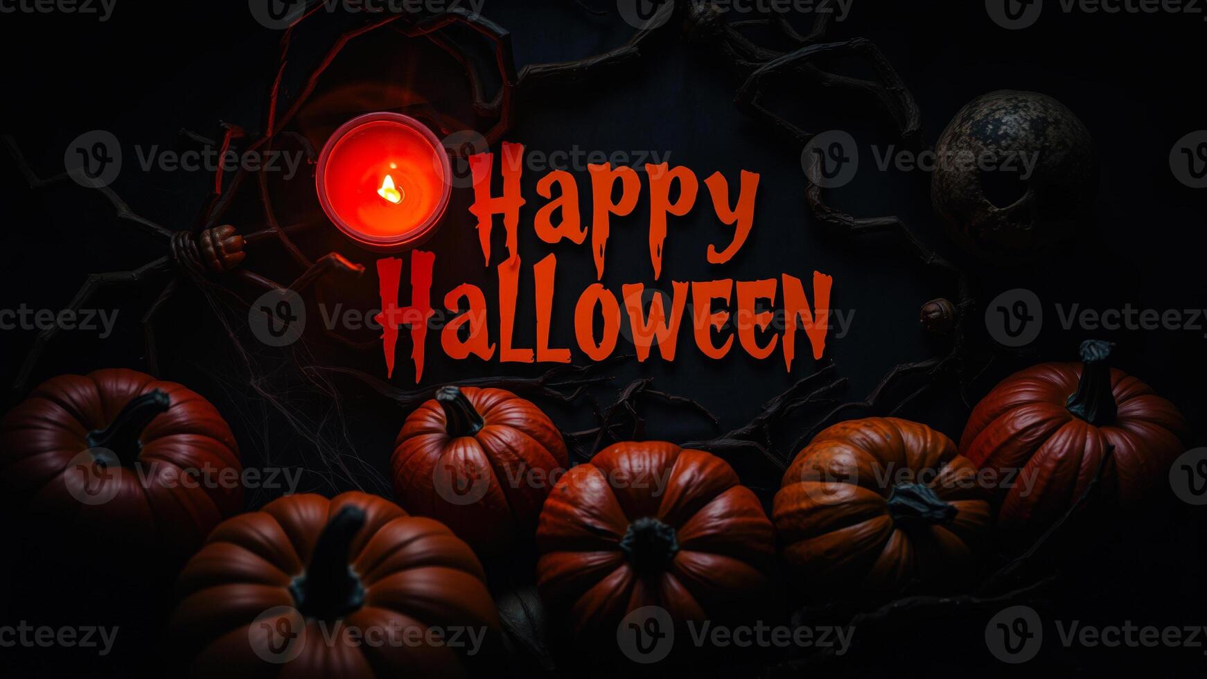 candlelit halloween table setting with pumpkins twigs photo