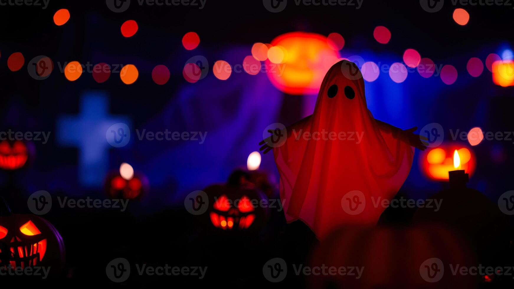 red ghost figure stands a dimly lit halloween scene photo