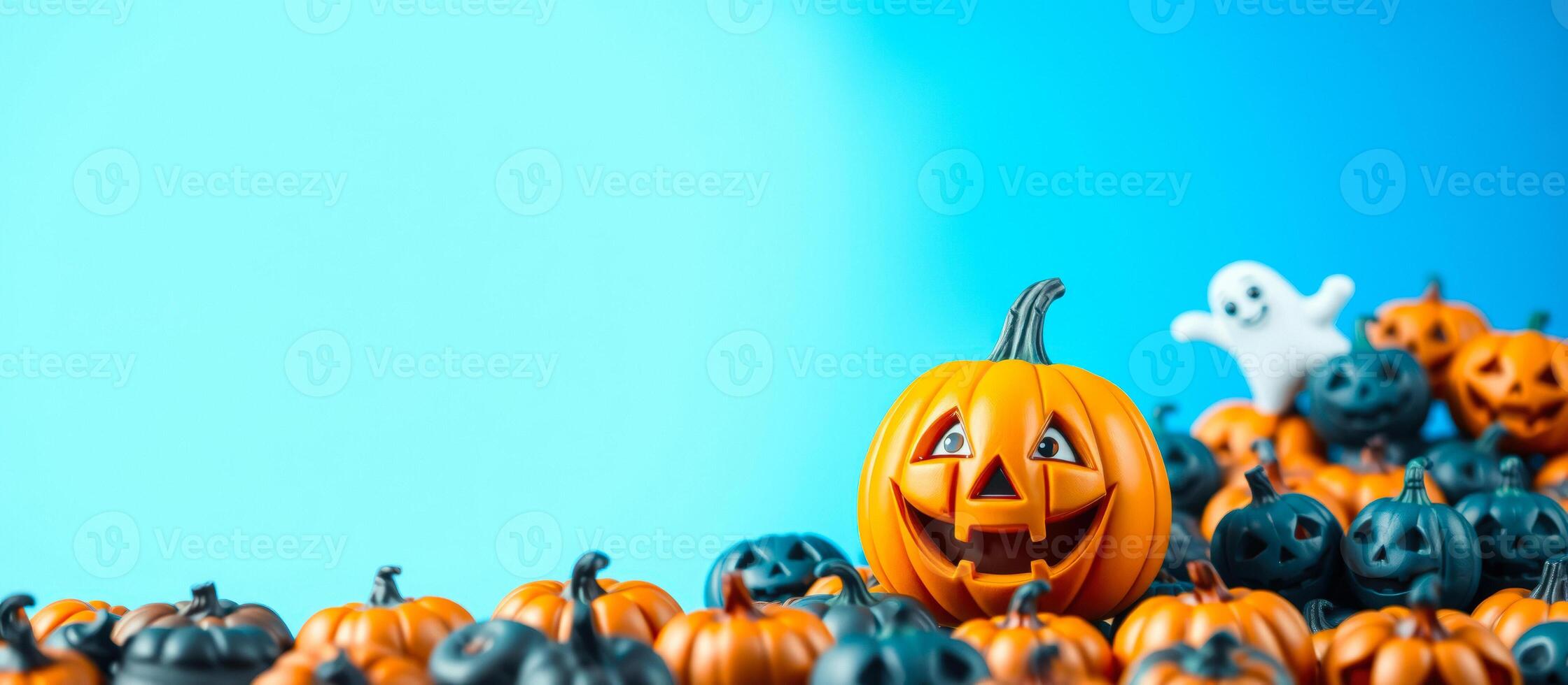 smiling pumpkin surrounded by black pumpkins photo
