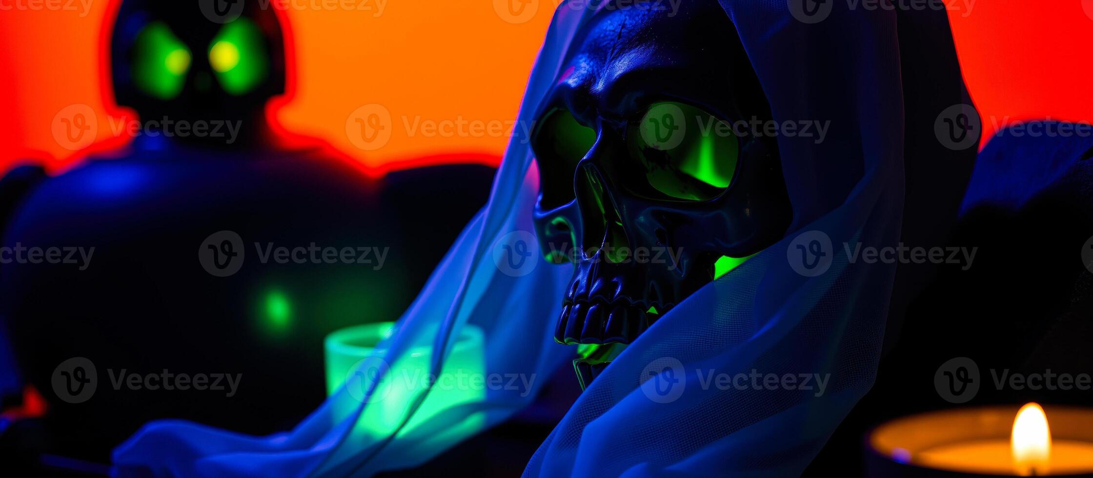 black skull illuminated by soft green light photo
