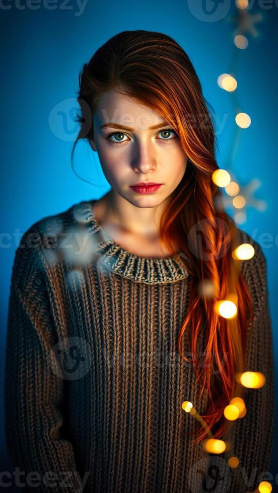 woman with red hair stares thoughtfully into the camera illuminated by string lights. photo