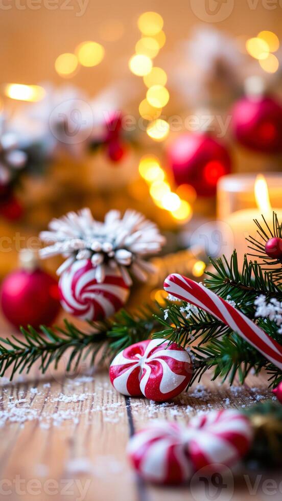 peppermint candies a candy cane rest on a snowy pine branch photo