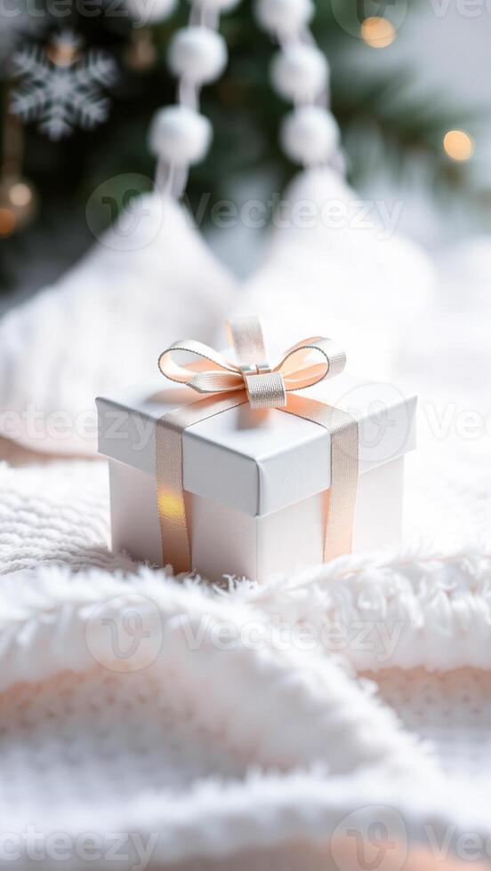 white gift box with a delicate gold ribbon rests on a fluffy blanket photo