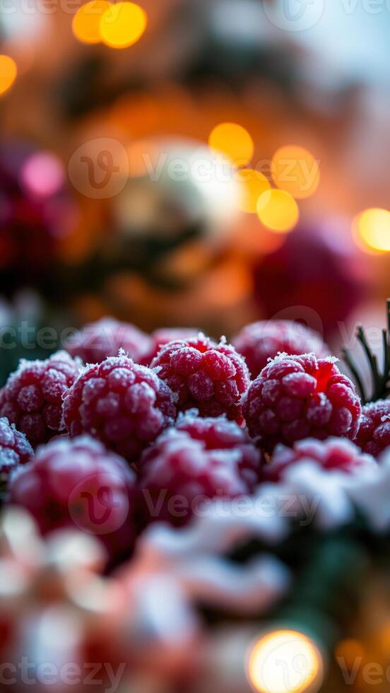 frosted raspberries against a festive backdrop photo