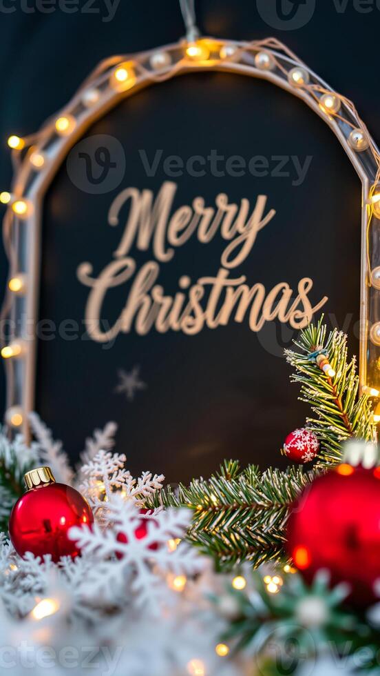 merry christmas greeting decorated with red ornaments glowing lights photo