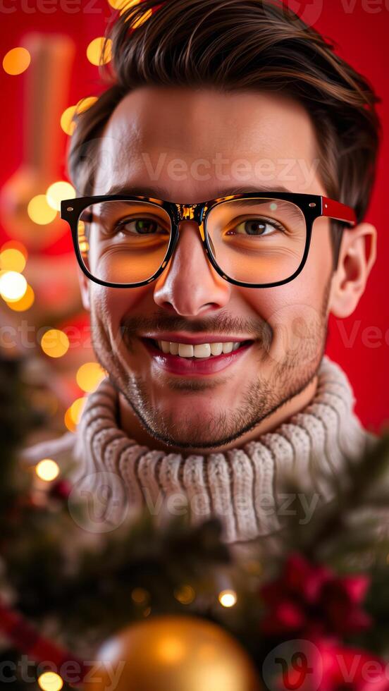 man with a warm smile gazes at the camera while standing near a festive backdrop. photo