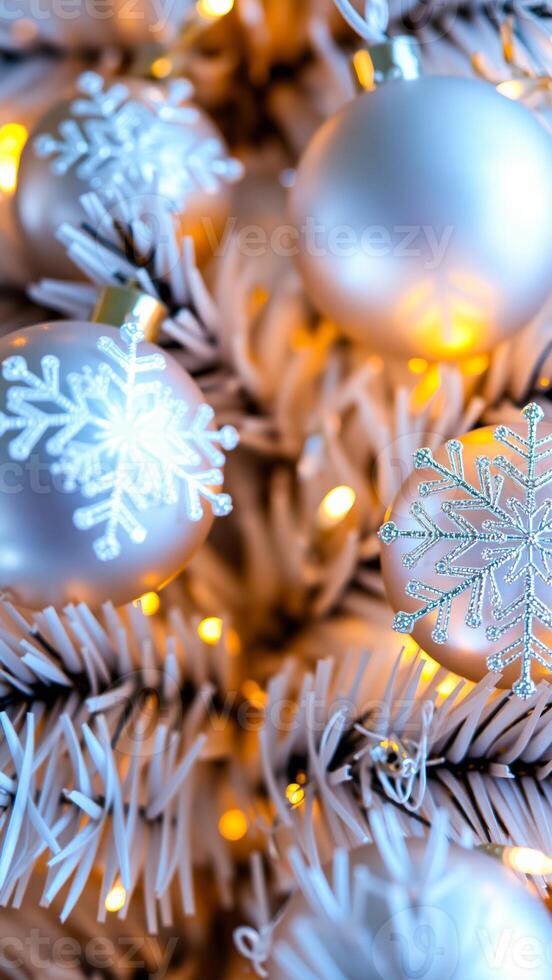 close- a white christmas tree with shiny snowflake ornaments warm lights photo