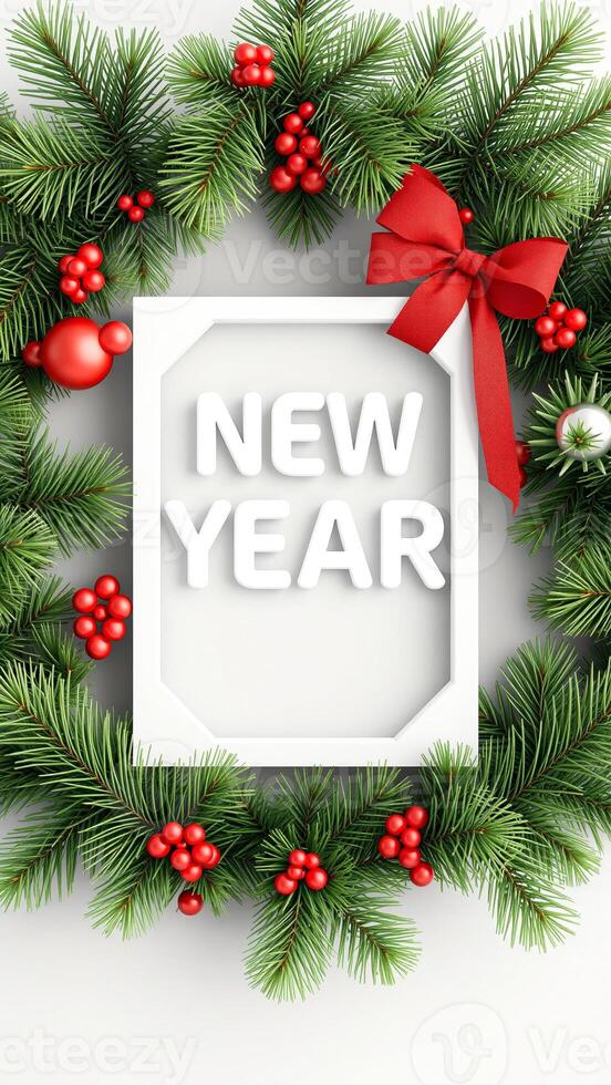 white frame with the words 'new year' surrounded by a festive evergreen wreath photo