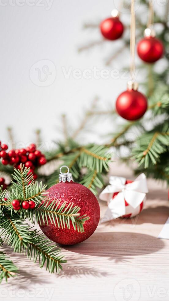 red glitter christmas ornament with pine branches berries photo