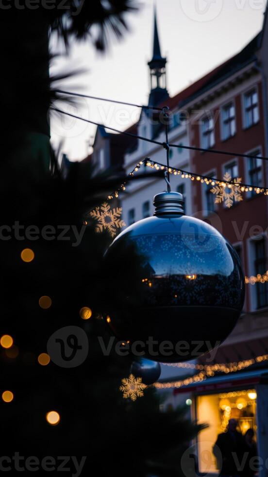 reflective ornament decorated with a snowflake hangs the city photo