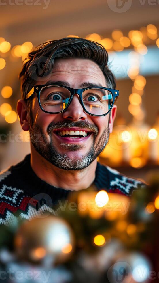 man smiles joyfully a festive setting photo