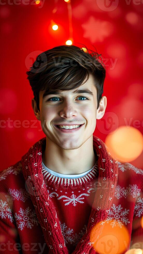 smiling young man wearing a red snowflake sweater photo