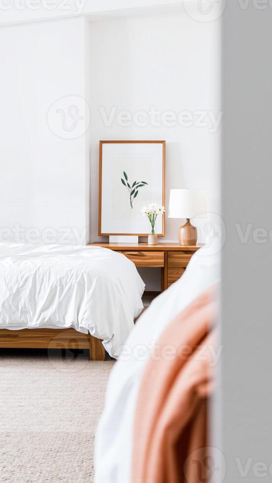 minimalist bedroom with white bedding wooden furniture photo