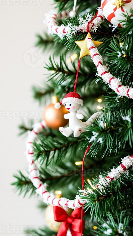 snowman ornament hanging on a decorated christmas tree photo