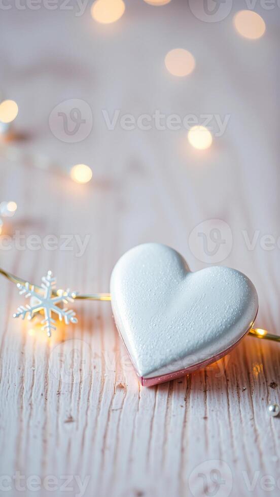 plata corazón ornamento con festivo luces en un blanco de madera superficie foto