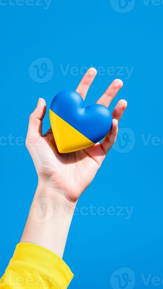 hand holding a heart-shaped ukrainian flag photo