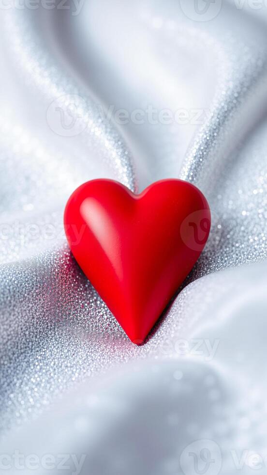 single red heart rests on a sparkling silver surface photo