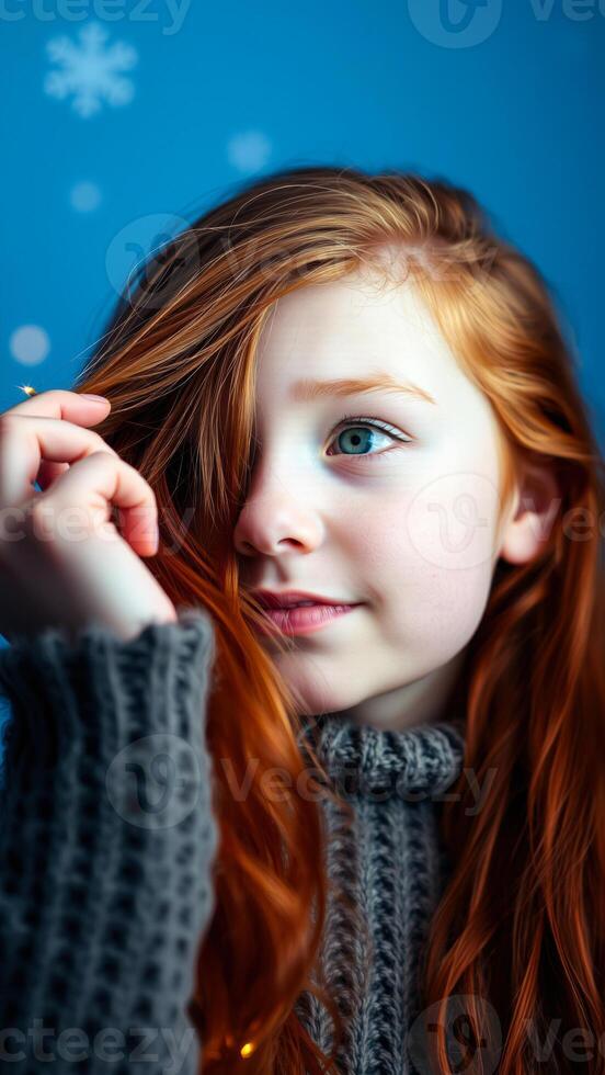 young girl with red hair blue eyes smiles softly photo