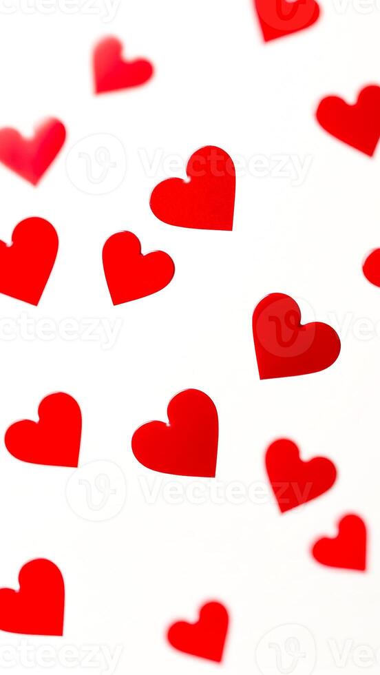 red hearts scattered on white background photo