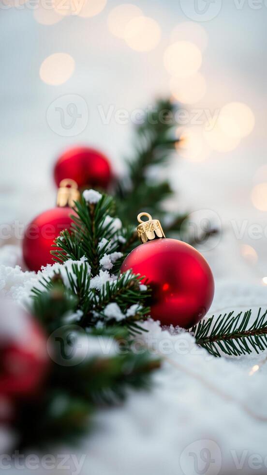red christmas ornament resting on a snowy pine branch photo