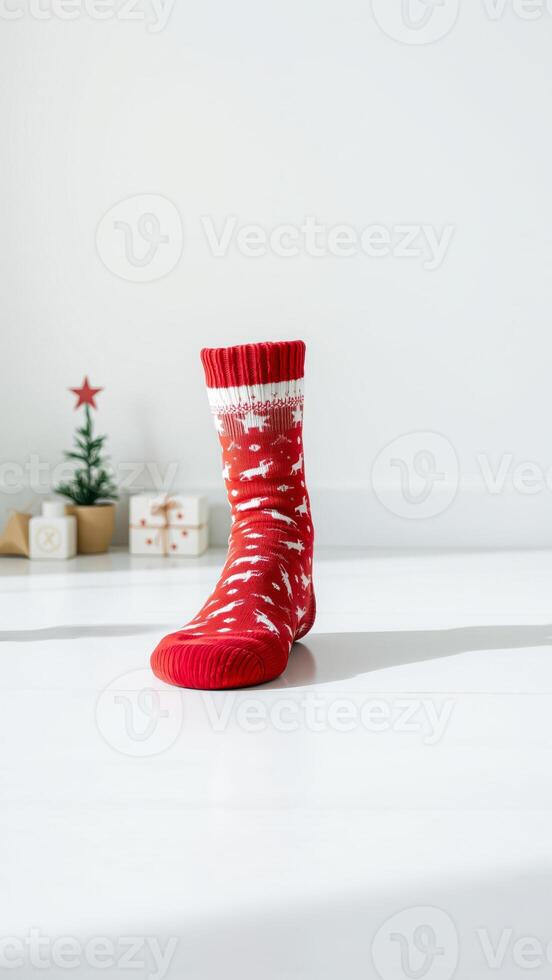 single red sock with a festive holiday design photo