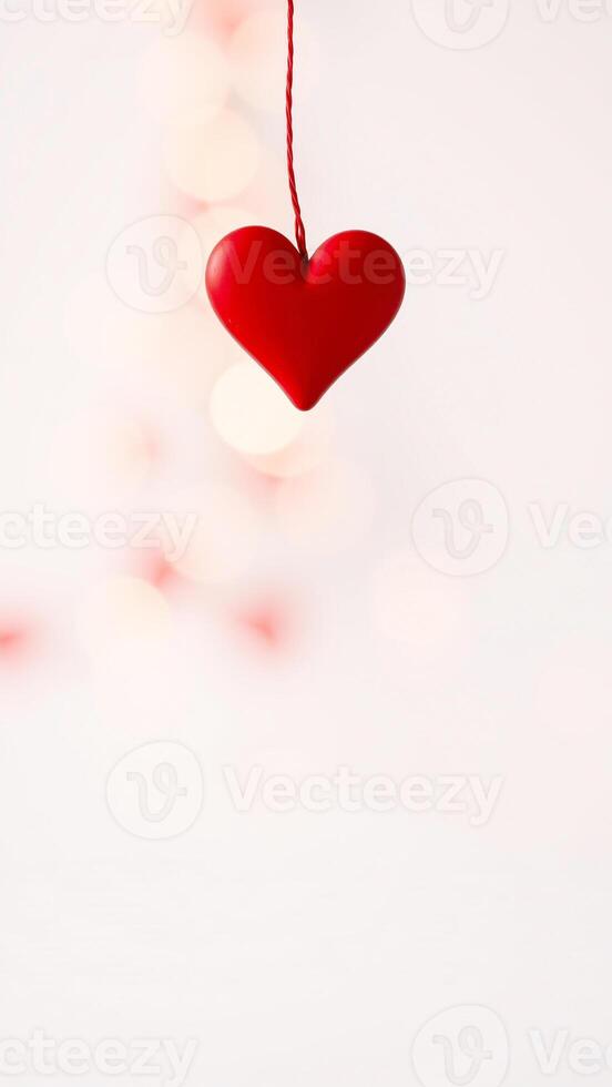 red heart ornament hanging against a white background photo
