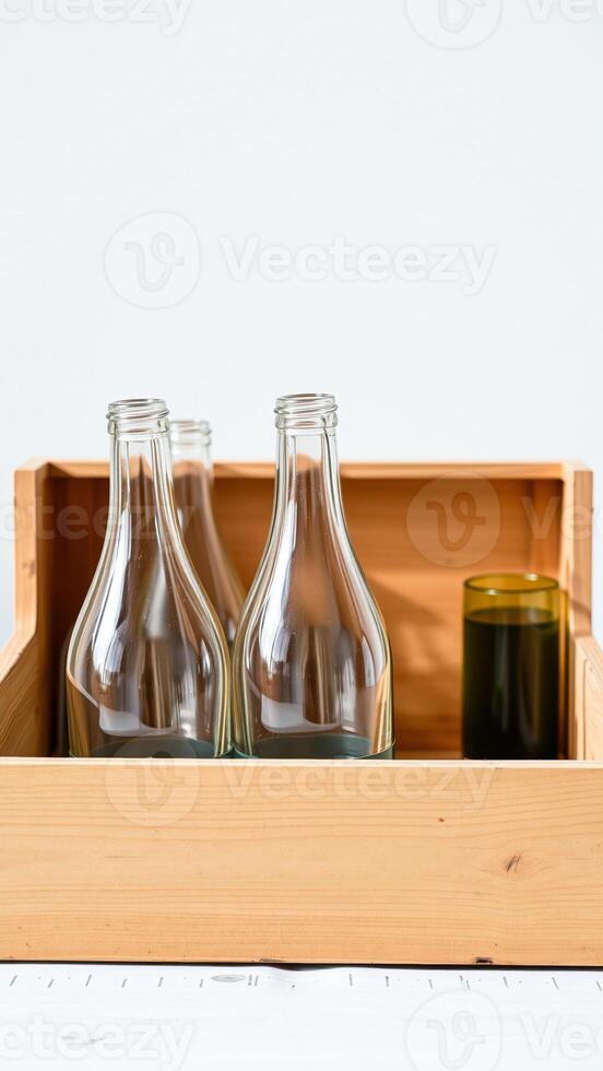 empty glass bottles a jar a wooden box photo