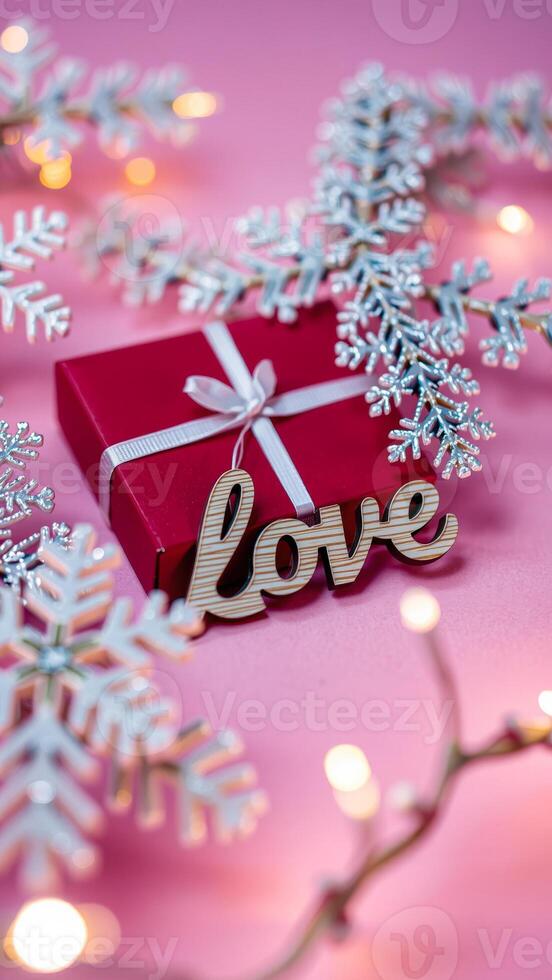red gift box with a white ribbon the word 'love' adorned with snowflake decorations string lights photo