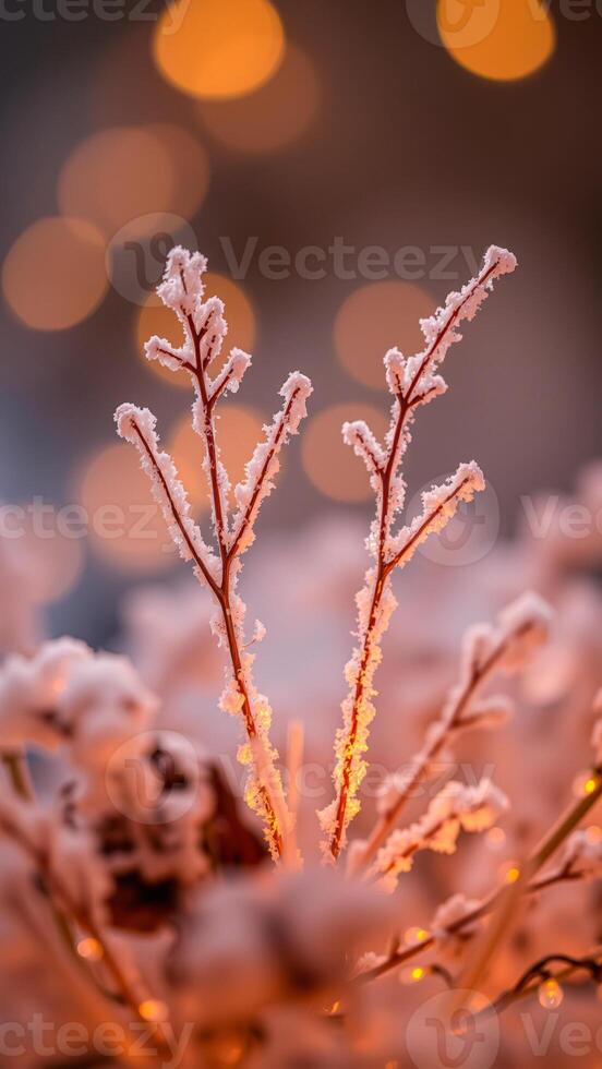 frost-covered branches glowing warm light photo