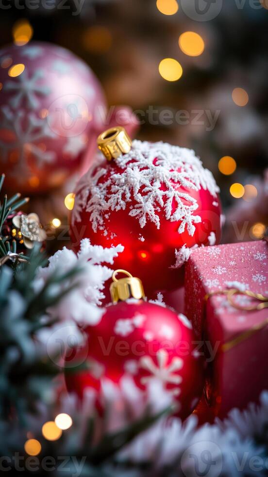 red christmas ornaments with snowflake decorations photo