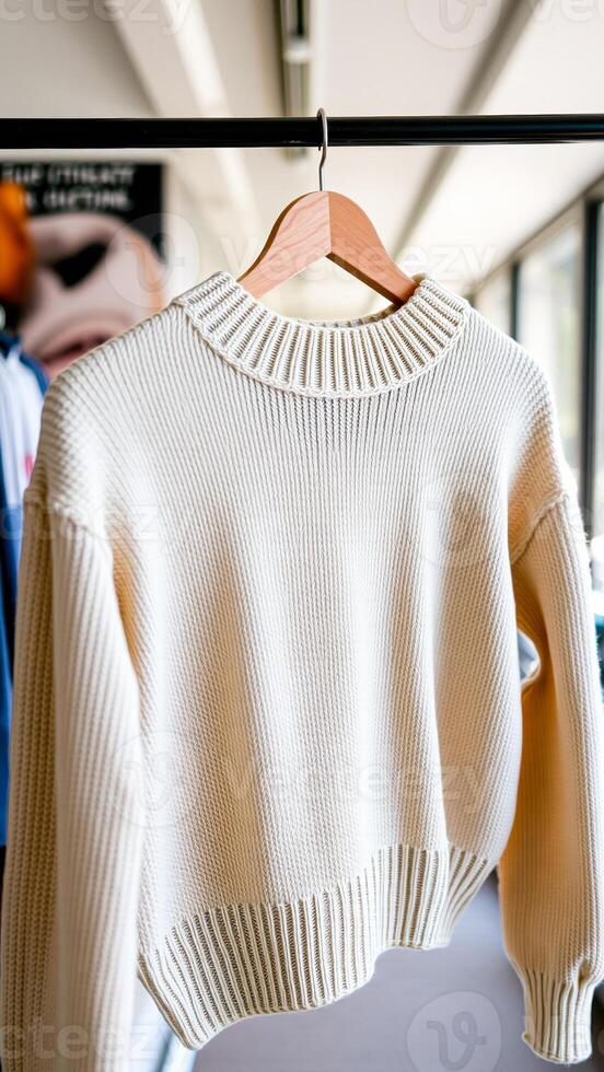 white knitted sweater hangs on a wooden hanger photo