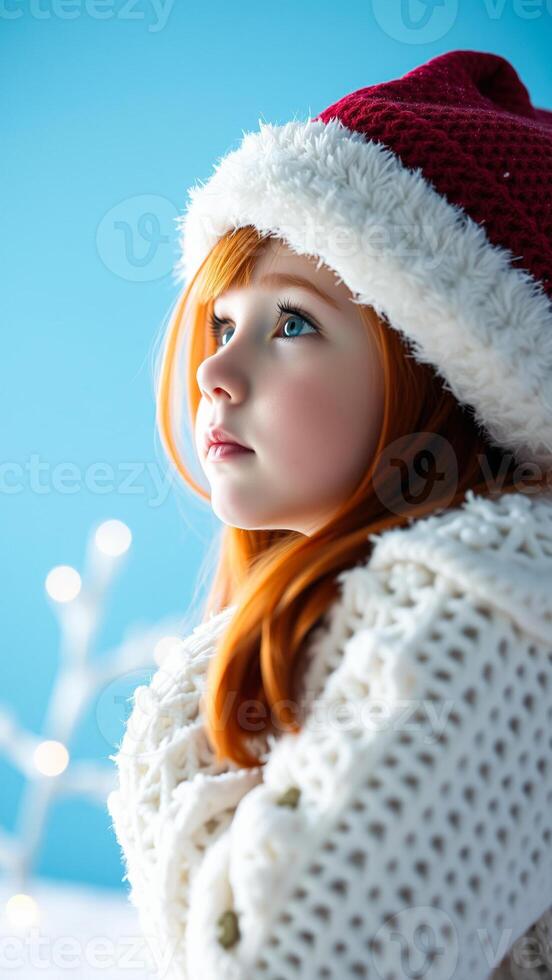 young girl a white knit sweater a red hat looks upward photo