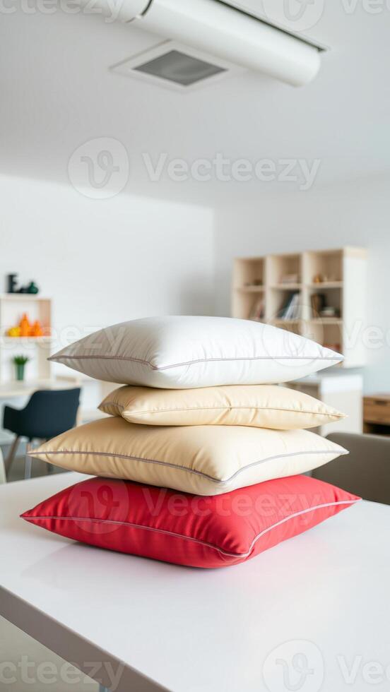 stack four colorful pillows on a white table photo