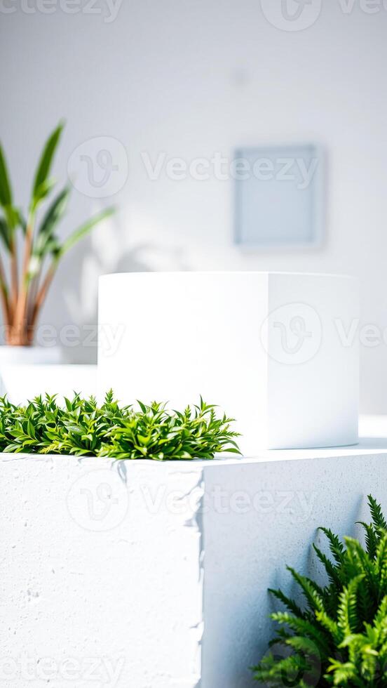 white cube with green plants on a white platform photo