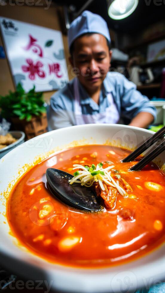 closeup a bowl red soup with white beans spring onions photo