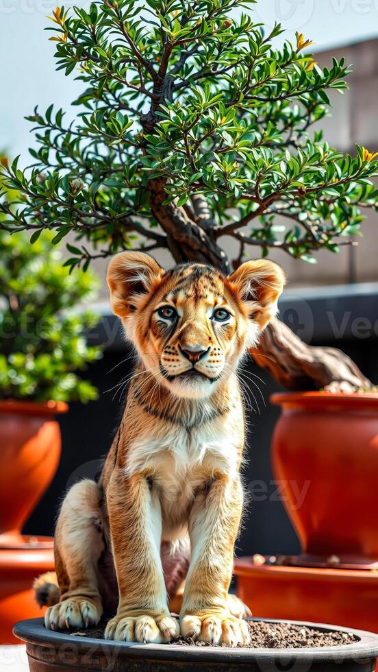 curious lion cub perched on a pot photo