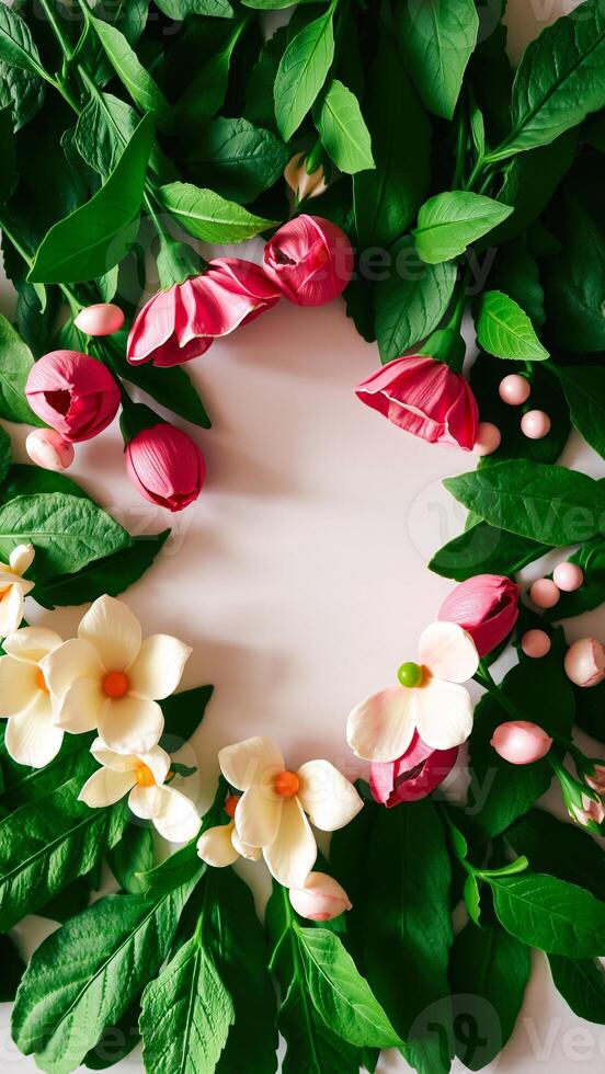 delicate arrangement pink cream flowers with green leaves photo