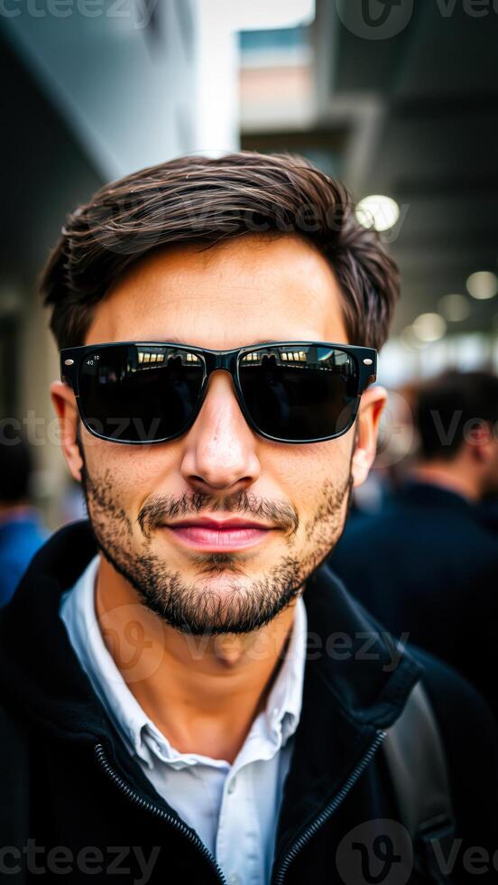 young man wearing dark sunglasses smiles at the camera photo