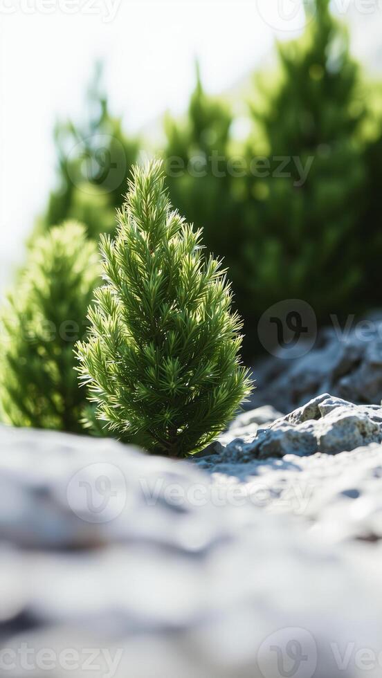 small conifer tree grows among weathered rocks photo